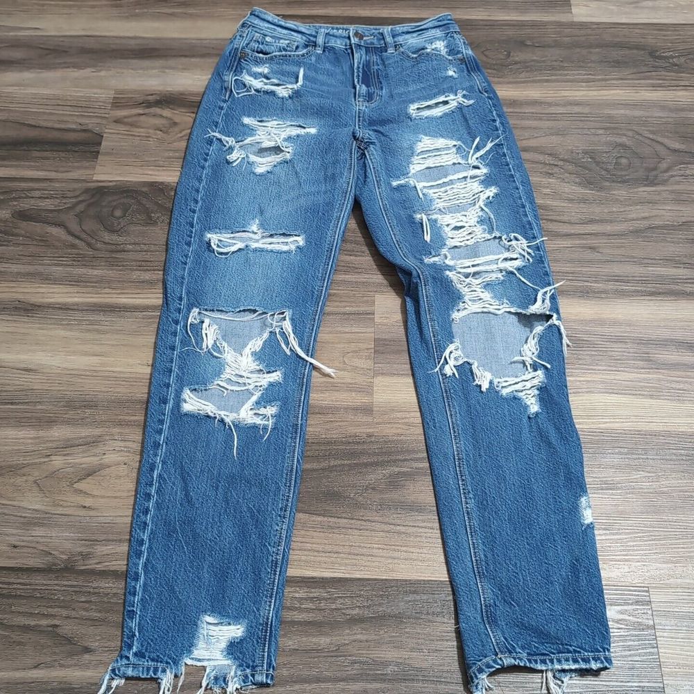 Women's 2 American Eagle Mom Jean Hi Rise Comfort Stretch Destroy Your Blues 1L
